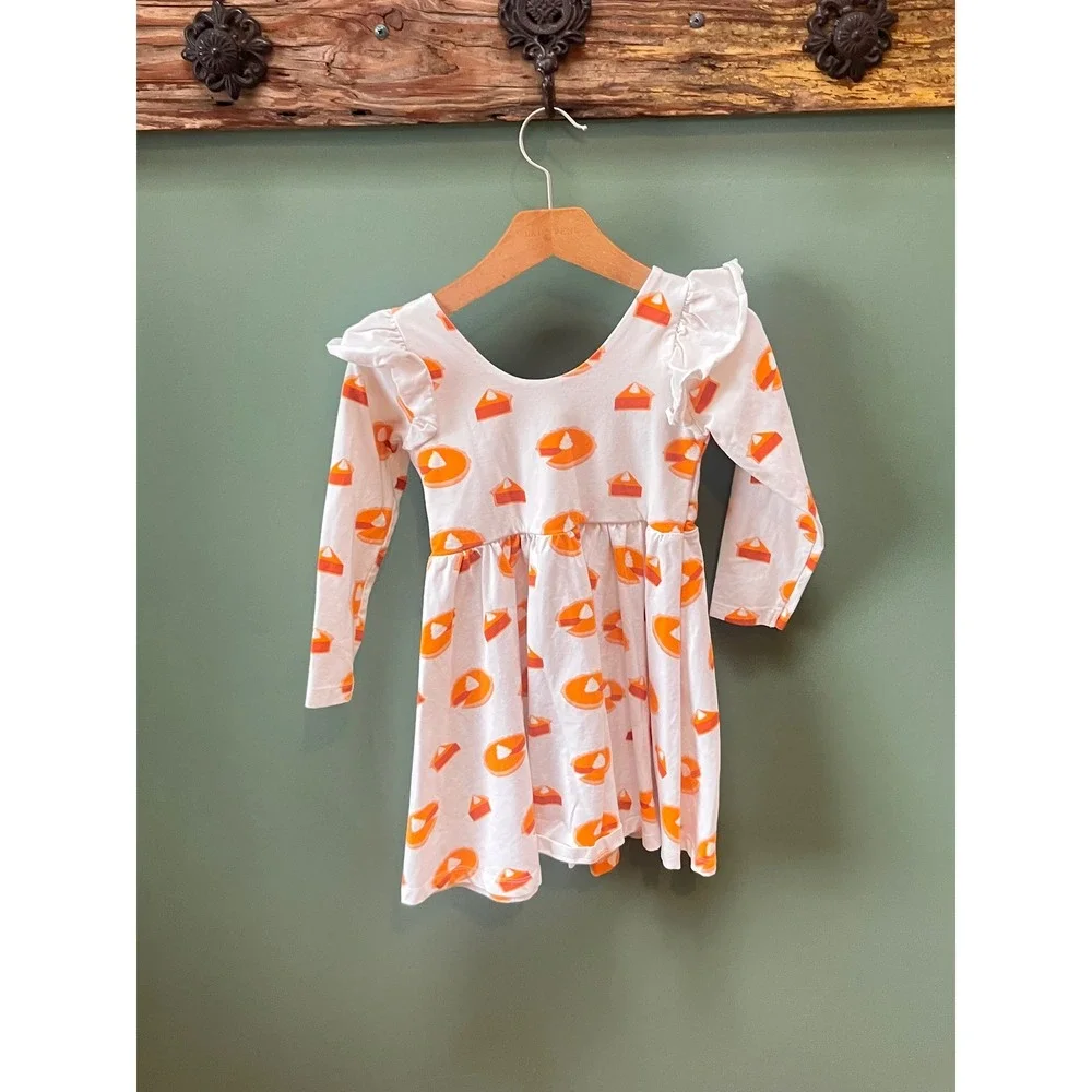 Monica + Andy Girls 5T Pumpkin Pie Print Ruffle Shoulder Long Sleeve Dress White